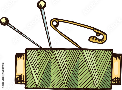 Green sewing thread color drawing. Seamstress logo