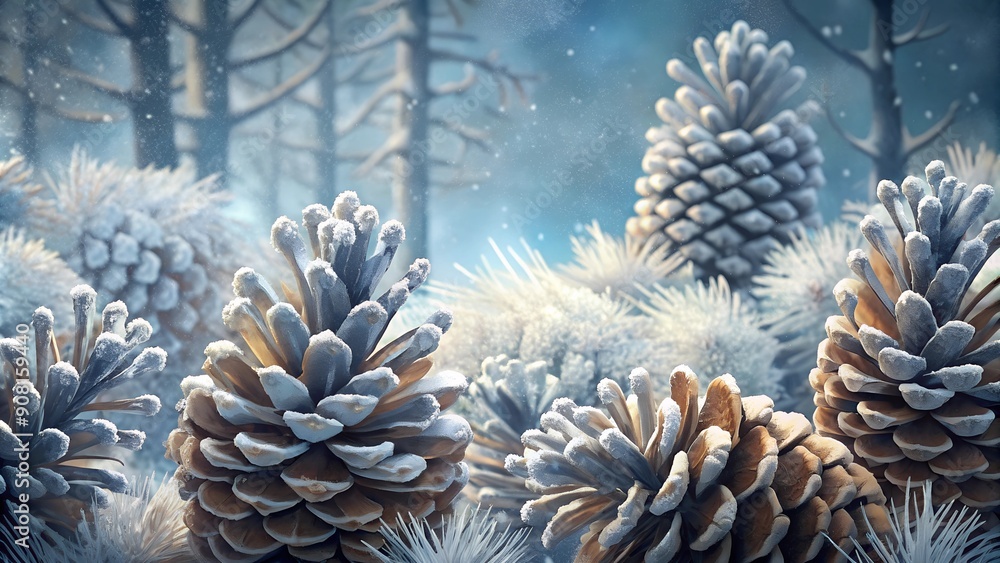 Frosted Pinecones in a Snowy Winter Forest Frosted Pinecones in a Snowy Winter Forest