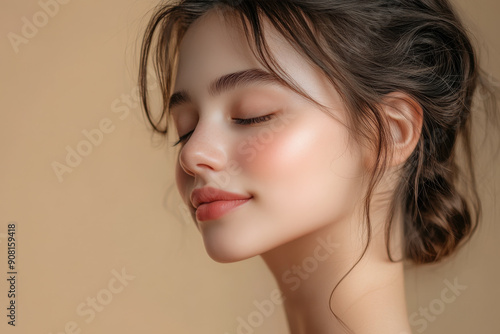 A close up of a girl's face with her eyes closed