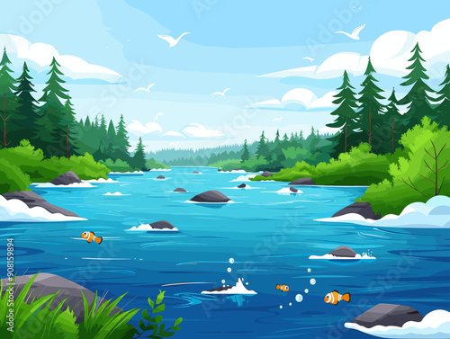 Serene river with fish and forest, peaceful illustration capturing vibrant nature and aquatic life in a beautiful, sunny landscape