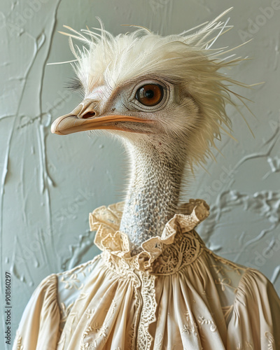 Whimsical Portrait of a Bird Wearing a Victorian Dress in Soft Lighting