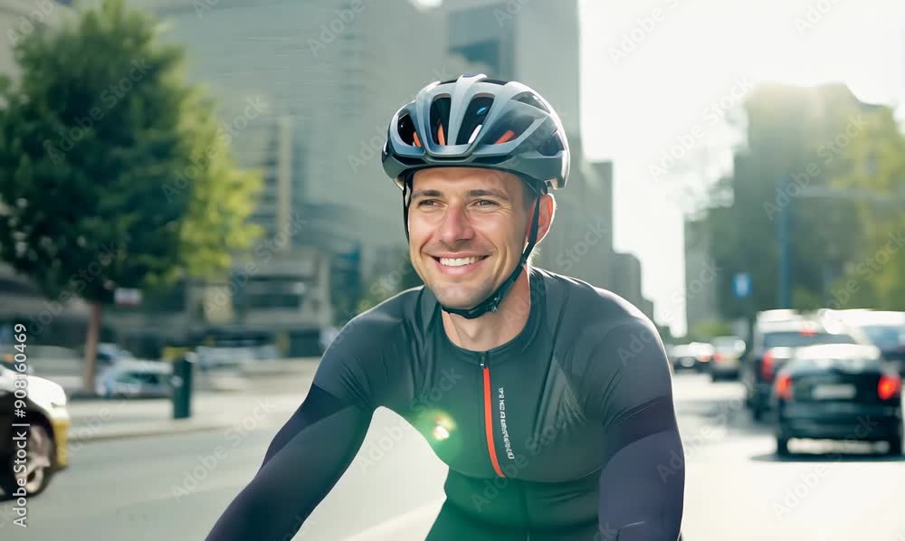 Portrait of a happy triathlete riding bicycle in the city Portrait of a happy triathlete riding bicycle in the city