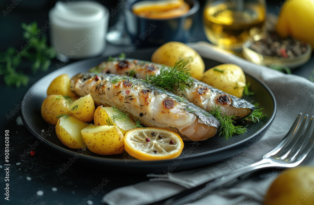 Glass of vodka, some pickled herring and potatoes on the table Glass of vodka, some pickled herring and potatoes on the table
