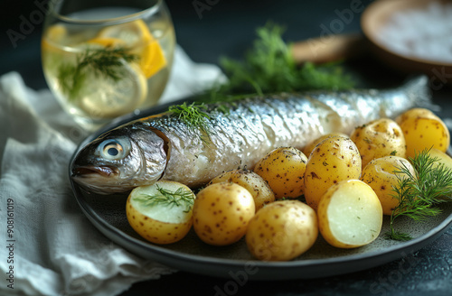 Glass of vodka, some pickled herring and potatoes on the table