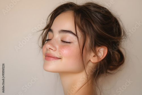 A close up of a girl's face with her eyes closed