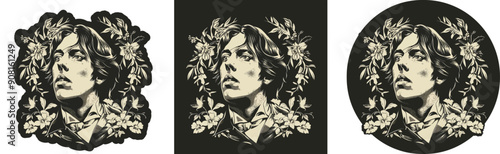3 variations iconic young Oscar Wilde Duotone Portrait Floral Elements 