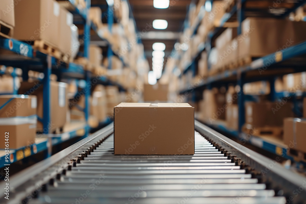 A single cardboard box moving on a conveyor belt in a warehouse environment A single cardboard box moving on a conveyor belt in a warehouse environment