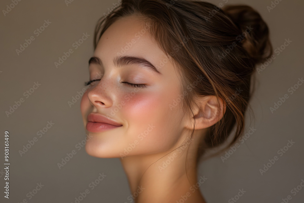 A close up of a girl's face with her eyes closed