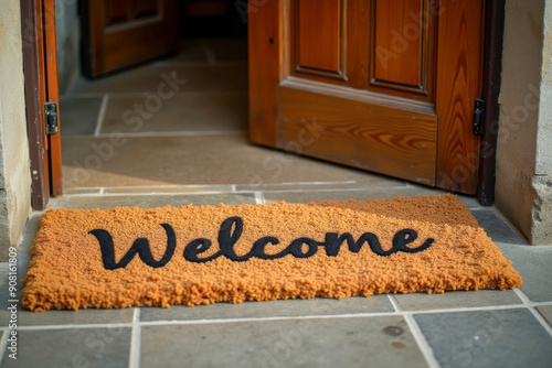 A mat for wiping shoes in front of the door with inscription 'Welcome'. photo