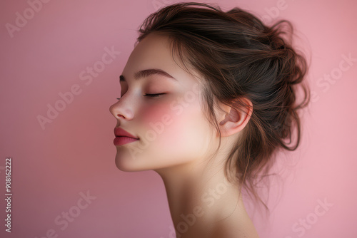 A close up of a girl's face with her eyes closed