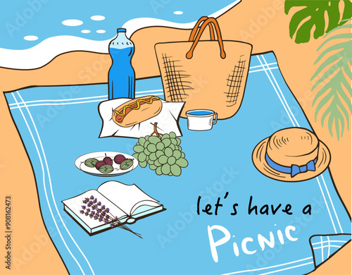 beach picnic scene with blue blanket, snacks, and drinks. Grapes, hot dog, water bottle, open book create relaxing vibe. Text: "let's have a picnic."