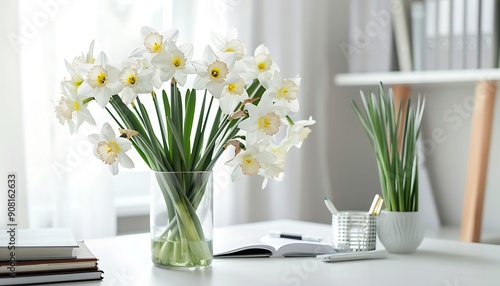 White daffodils in a vase on a white table