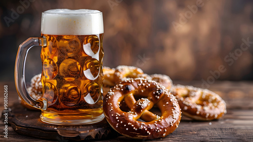 Traditional Beer and Pretzel Pairing: Brown Baked Snack with Lager in a Rustic Brewery.