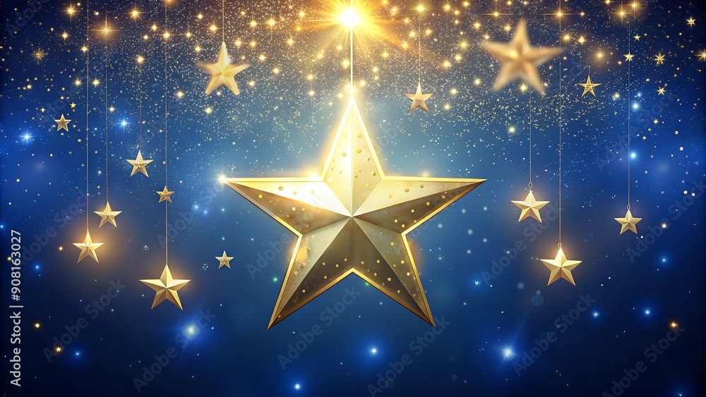 Golden Star Hanging Among Sparkling Stars on a Blue Christmas Background Golden Star Hanging Among Sparkling Stars on a Blue Christmas Background