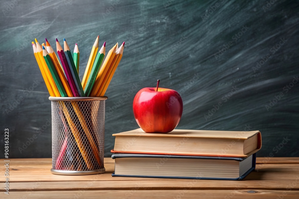The concept of education, stack of books, an apple, pencils against the background of the school blackboard
The concept of education, stack of books, an apple, pencils against the background of the school blackboard