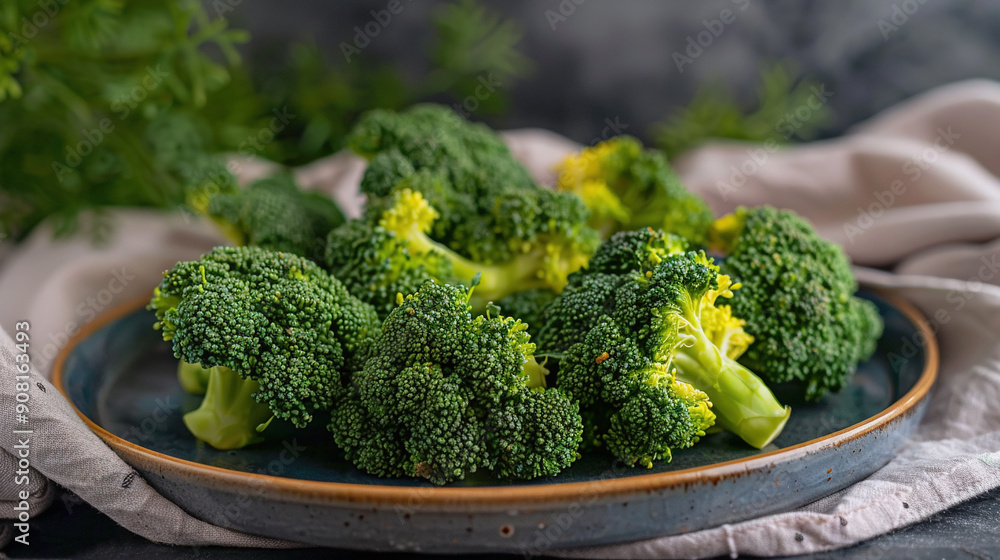 A close-up of a plate of broccoli on a table with a cloth and a plant in the background is visually appealing A close-up of a plate of broccoli on a table with a cloth and a plant in the background is visually appealing