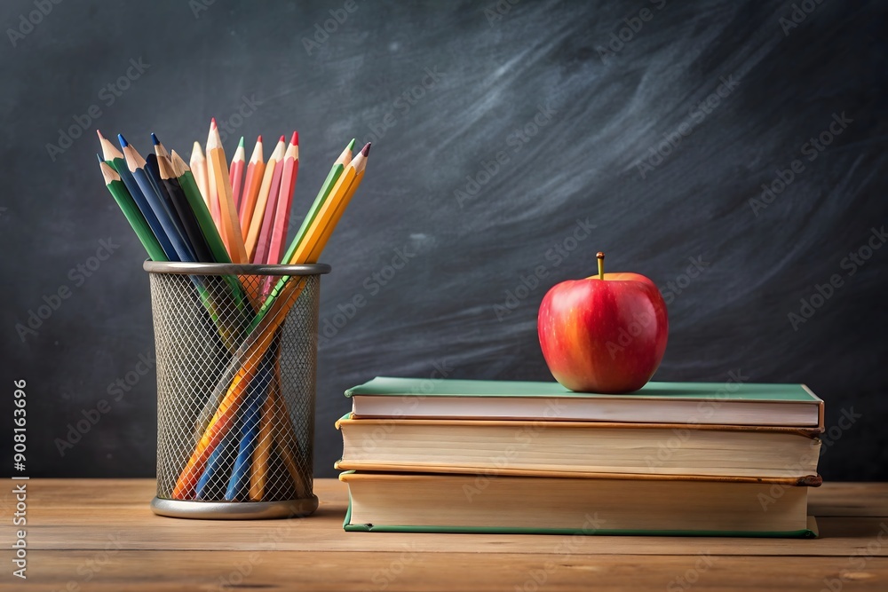 The concept of education, stack of books, an apple, pencils against the background of the school blackboard
The concept of education, stack of books, an apple, pencils against the background of the school blackboard