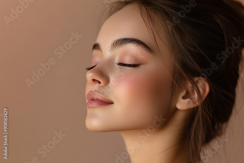 A close up of a girl's face with her eyes closed