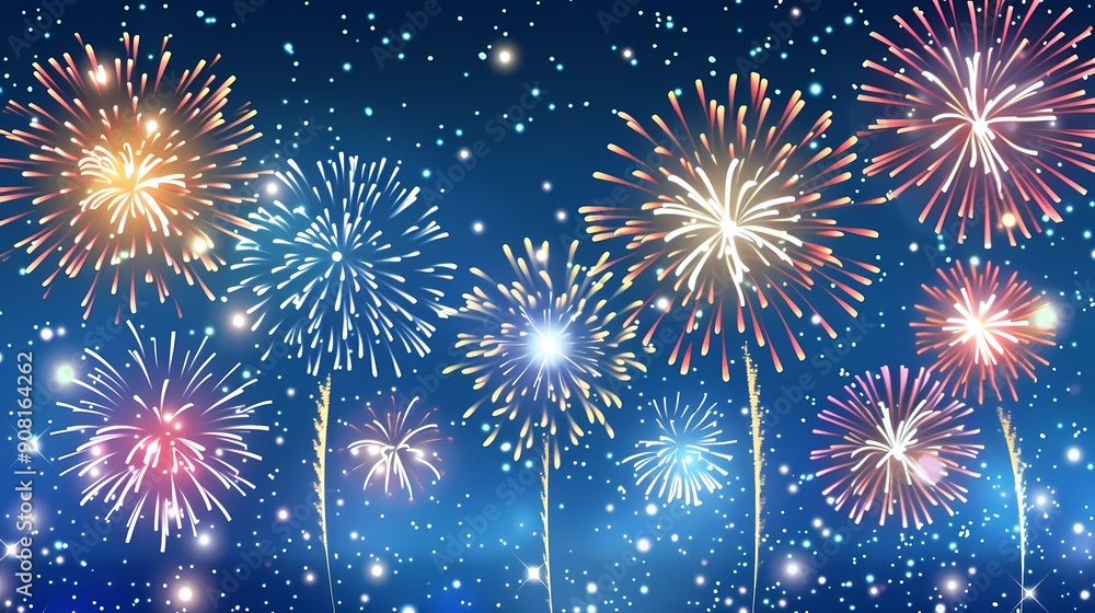 Fototapeta premium Festive fireworks display against a dark blue night sky.