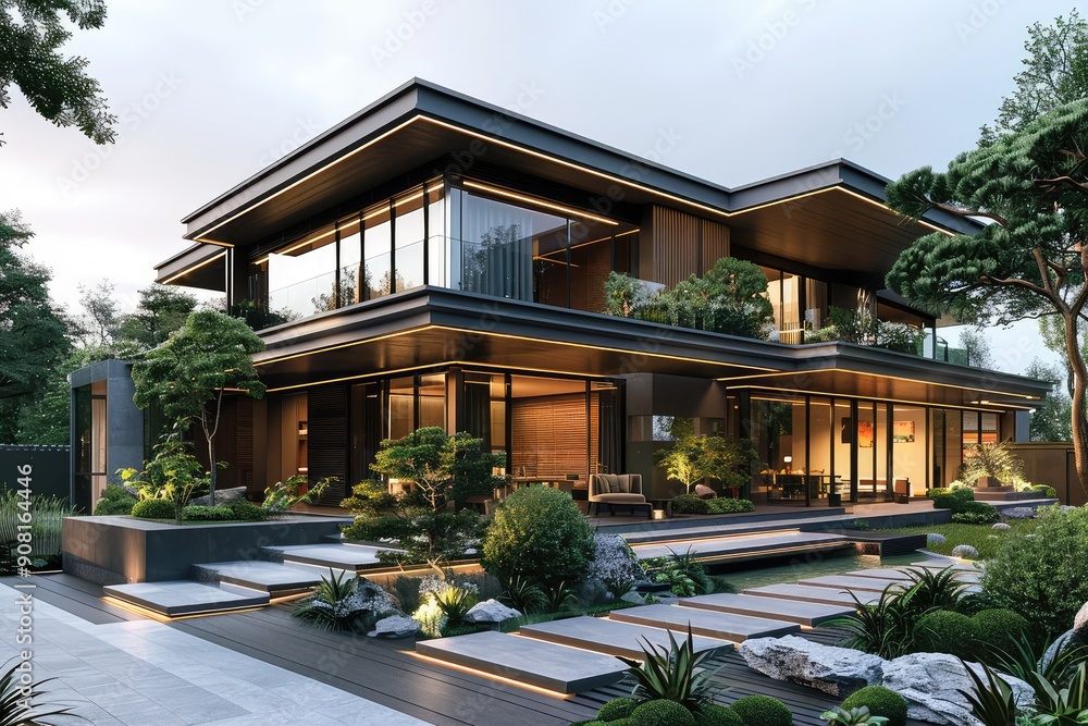 Fototapeta premium Beautiful modern house exterior with grass field Modern residential district