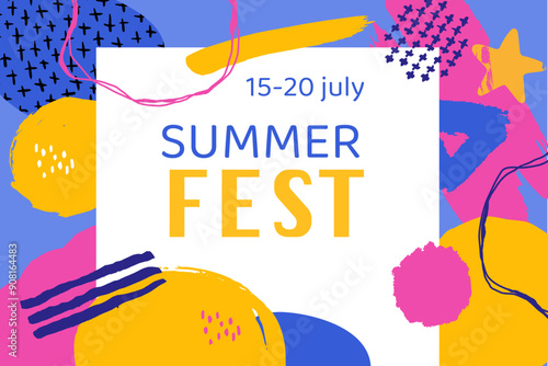 Bright and colorful Summer Fest poster, featuring abstract shapes and bold text. Perfect for promoting events, celebrations, or social media posts