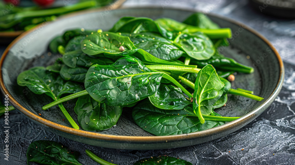 A close-up of a spinach plate with surrounding vegetables on a table in the background A close-up of a spinach plate with surrounding vegetables on a table in the background