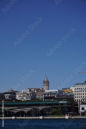 Vertical Galata Tower view taken behind buildings and Marmara Sea.Galata Tower background, view Istanbul.
