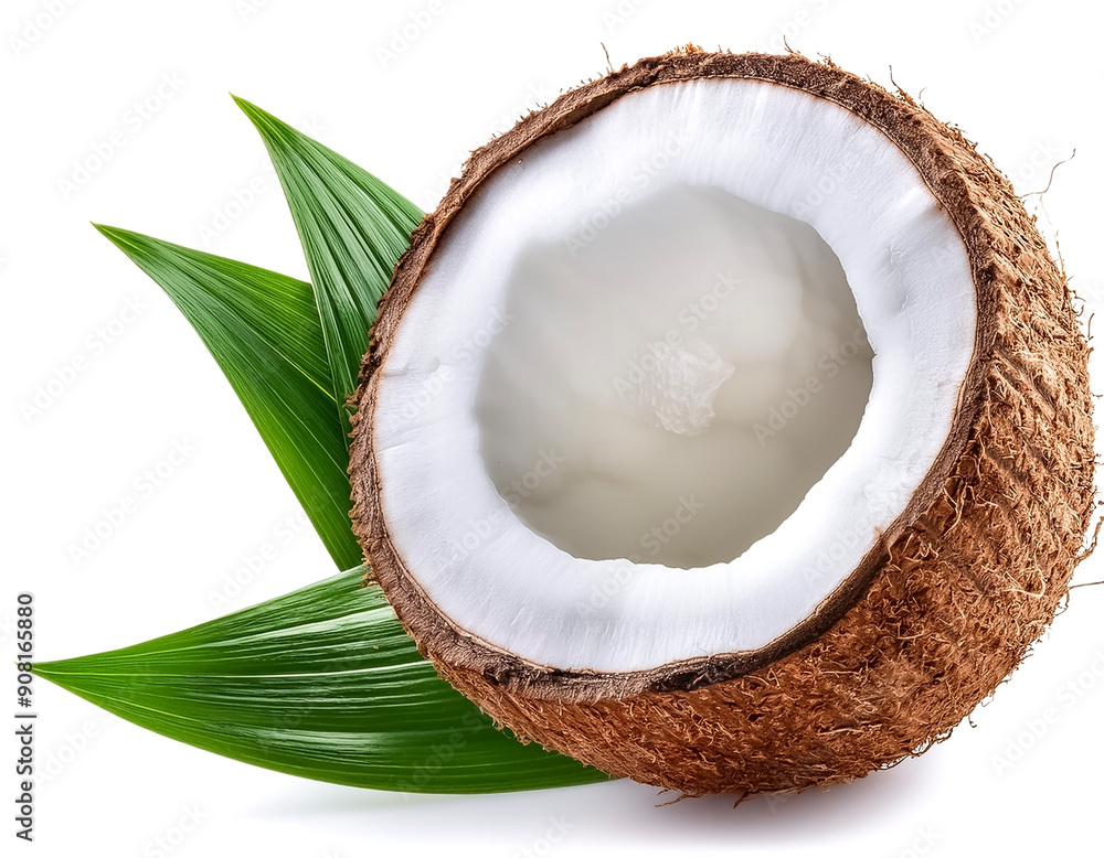 Coconut isolated. Coconut half with slice and piece on white background. Coco nut with leaf. Coconut isolated. Coconut half with slice and piece on white background. Coco nut with leaf.