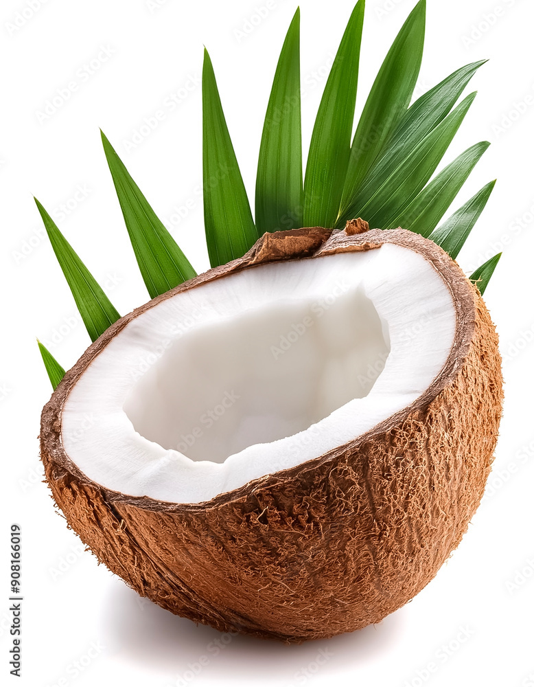 Coconut isolated. Coconut half with slice and piece on white background. Coco nut with leaf. Coconut isolated. Coconut half with slice and piece on white background. Coco nut with leaf.