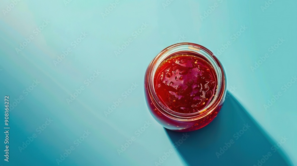 Jar filled with red liquid, resting on blue surface with shadow at the base Jar filled with red liquid, resting on blue surface with shadow at the base