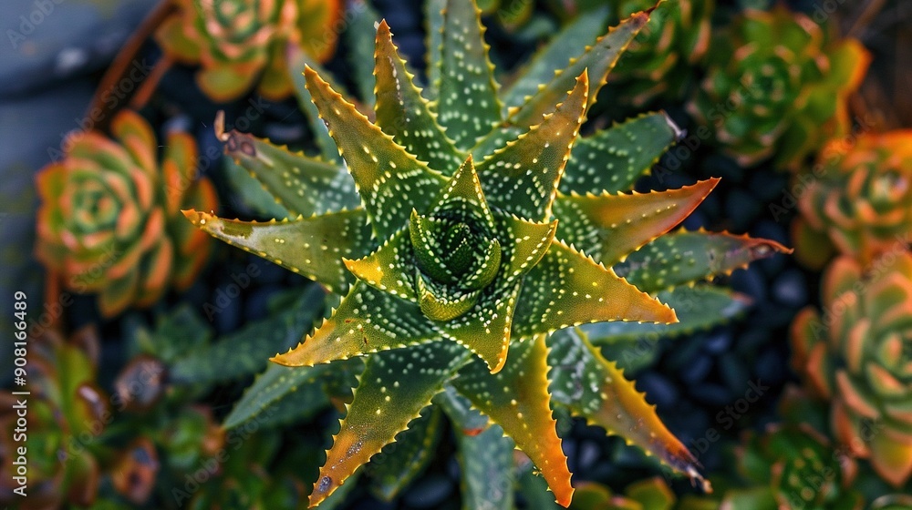 A close-up shot of a lush green and yellow foliage in the center, surrounded by other plants A close-up shot of a lush green and yellow foliage in the center, surrounded by other plants