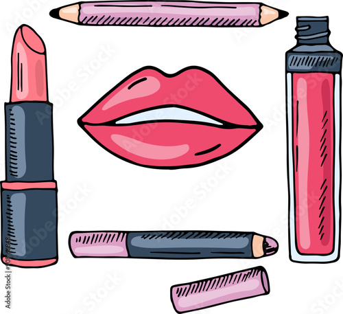 Lip makeup products. Color hand drawn illustration