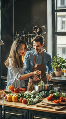 Young couple cooking together in a modern kitchen with fresh vegetables, mobile friendly