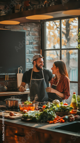 Young couple cooking together and laughing in a modern kitchen