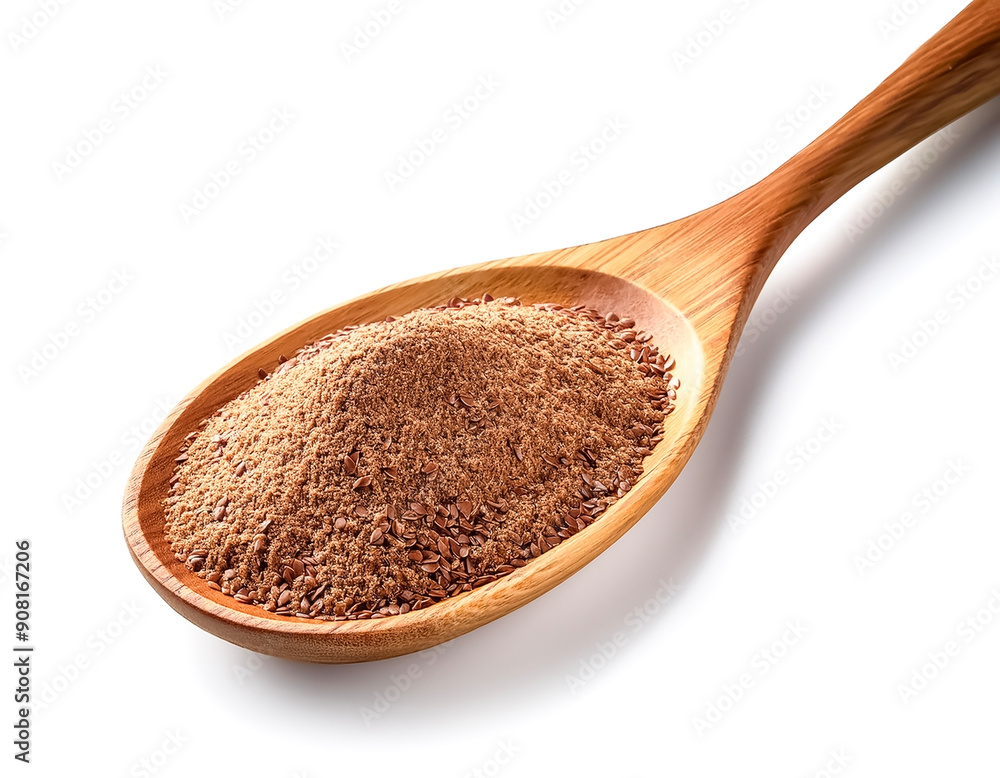 Ground Flaxseed on a Wood Spoon isolated on white background Ground Flaxseed on a Wood Spoon isolated on white background