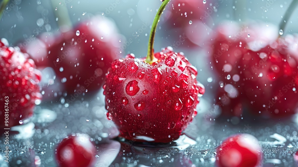 Cherries dangle from stems, each plump and bursting with water droplets Cherries dangle from stems, each plump and bursting with water droplets