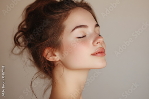 A close up of a girl's face with her eyes closed