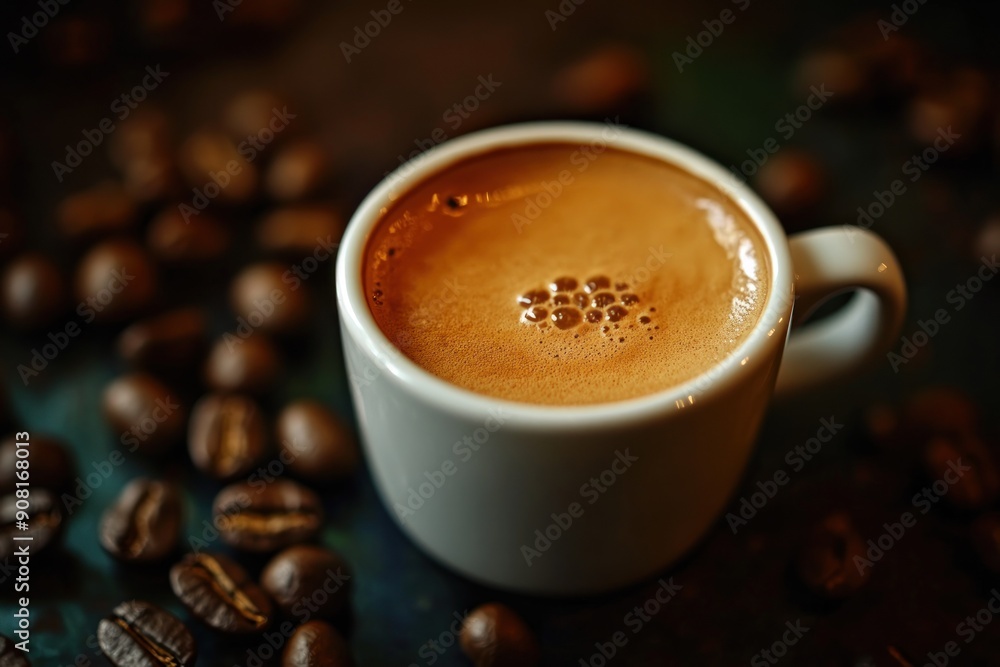 A Close-Up of Espresso in a White Cup with Coffee Beans A Close-Up of Espresso in a White Cup with Coffee Beans