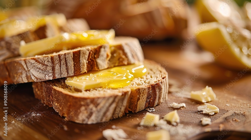 Wooden cutting board with sliced bread covered in butter and lemon slices in the background Wooden cutting board with sliced bread covered in butter and lemon slices in the background
