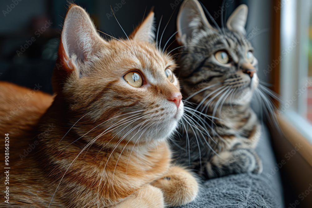 Naklejka premium 3 or more different cats, pretty and cute cats, bright indoor atmosphere