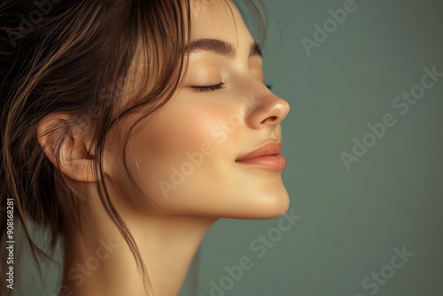 A close up of a girl's face with her eyes closed