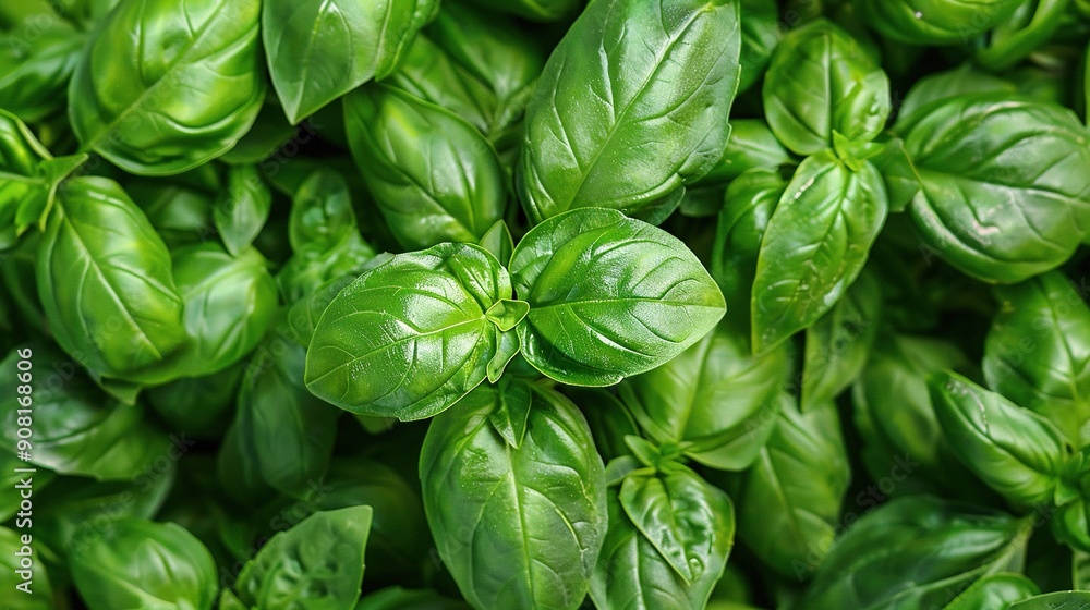 A photo of closely-cropped green basil leaves with water drops on their tops, and the tops of those drops on the top of the basil leaves A photo of closely-cropped green basil leaves with water drops on their tops, and the tops of those drops on the top of the basil leaves