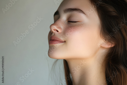 A close up of a girl's face with her eyes closed