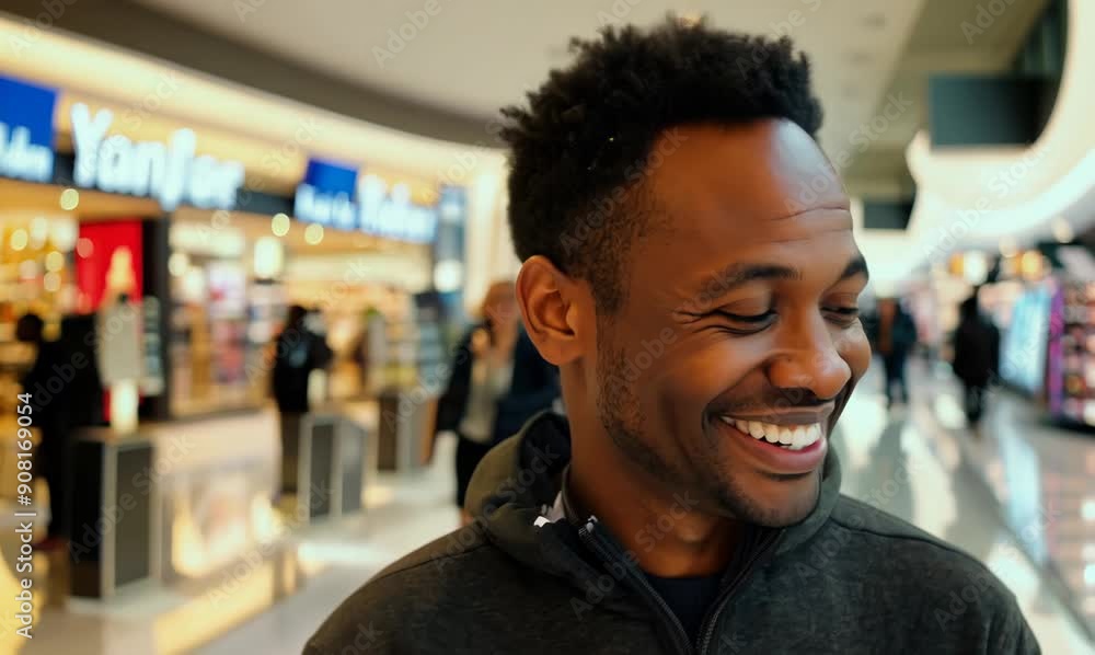 Medium shot portrait video of a pleased man in his 40s wearing a comfortable tracksuit against a shopping mall or retail background Medium shot portrait video of a pleased man in his 40s wearing a comfortable tracksuit against a shopping mall or retail background