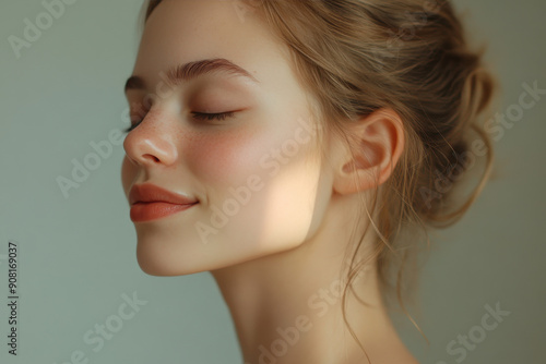 A close up of a girl's face with her eyes closed