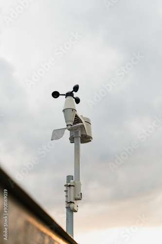 Cup anemometer rotates when the sky is overcast. Wind mast for measuring wind speed, pyranometers for measuring solar radiation, measuring temperature.