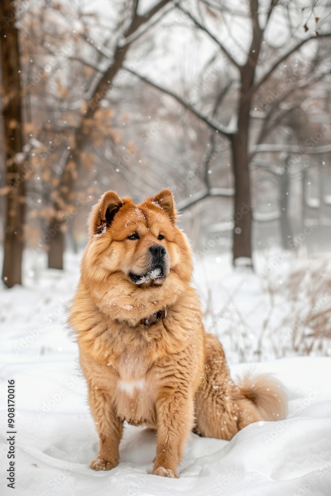 Chow Chow dog standing in the snow, looking ahead with curious expression. Chow Chow dog standing in the snow, looking ahead with curious expression.