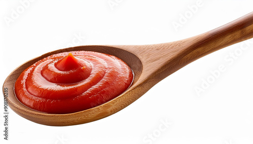 tomato sauce on a Wood Spoon isolated on white background