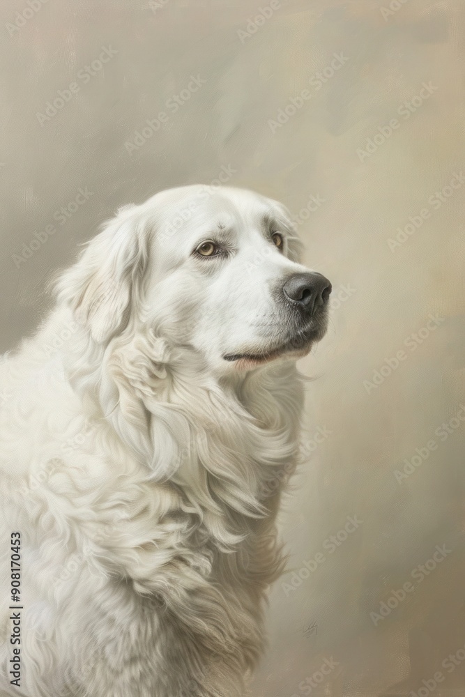 Close-up of a Kuvasz dog with expressive eyes on beige background. Close-up of a Kuvasz dog with expressive eyes on beige background.