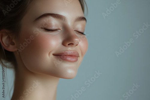 A close up of a girl's face with her eyes closed